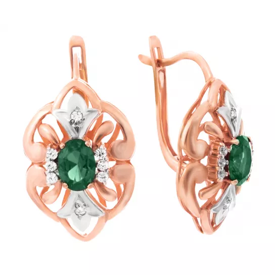Серьги с изумрудом и фианитом из золота