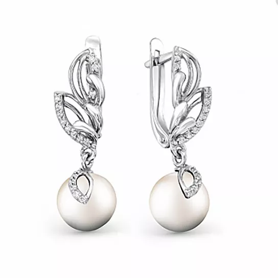 Серьги с фианитом и жемчугом из серебра