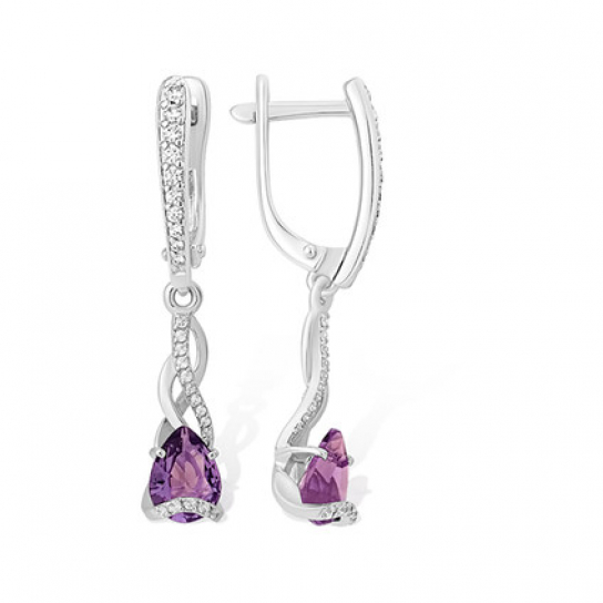 Серьги с фианитом и аметистом из серебра